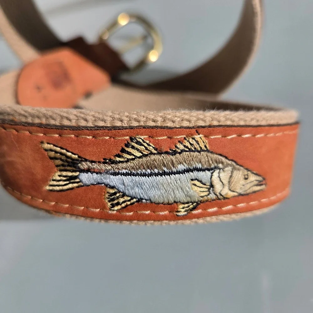 ZEP-PRO Mens Fishing Belt Tan Leather Canvas Snook Embroidered Solid Brass 42 44